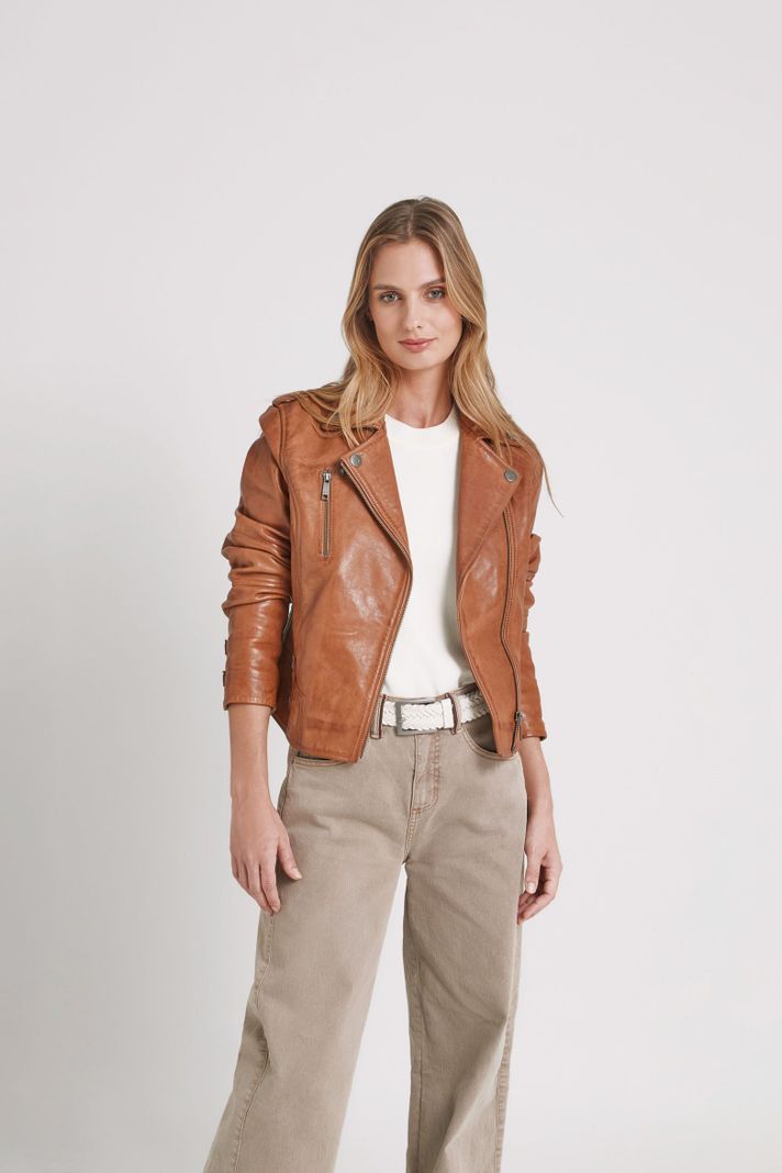 Vélez Casaca Biker Natura Cuero Mujer Semi Ajustada Miel-0