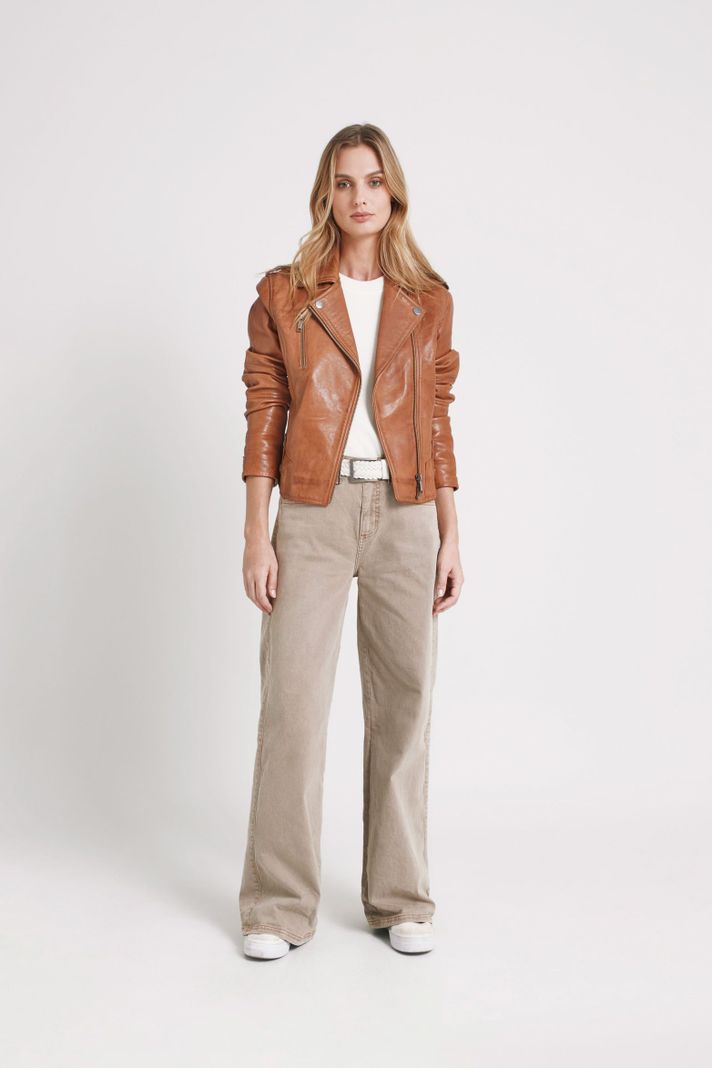 Vélez Casaca Biker Natura Cuero Mujer Semi Ajustada Miel-1
