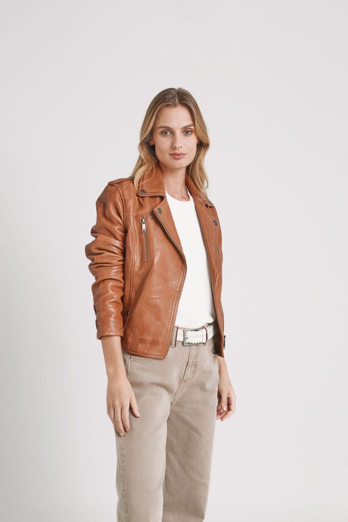 Vélez Casaca Biker Natura Cuero Mujer Semi Ajustada Miel-3