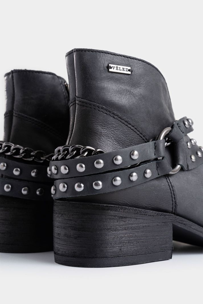 Vélez Botines Texanos De Cuero Con Folia Mujer Detalle Negro-4