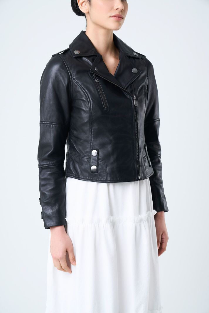 Vélez Casaca Biker De Cuero Para Mujer Fit Ajustado Negro-4