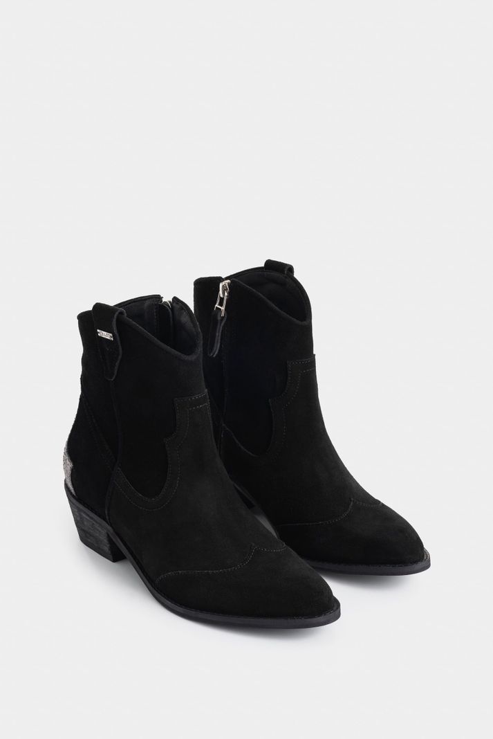 Vélez Botines Texanos Cuero Gamuzado Mujer Detalle Negro-1