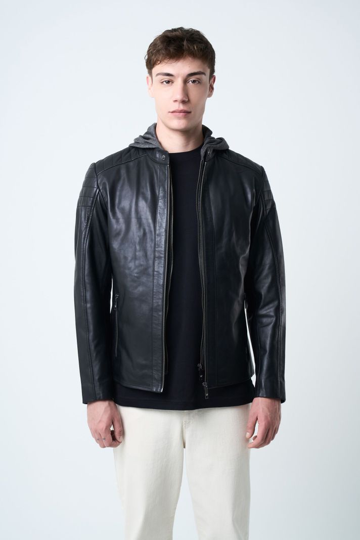 Vélez Casaca Cuero Liso Para Hombre Semi Ajustada Negro-0