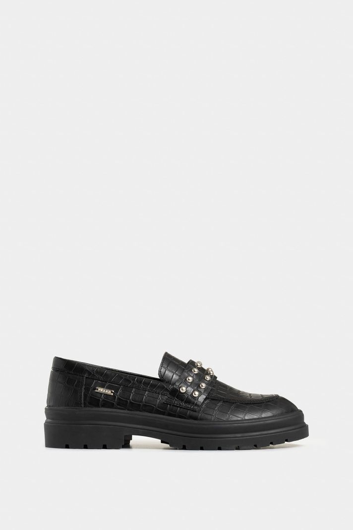 Vélez Mocasines Cuero Folia Para Mujer Detalle Taches Negro-0