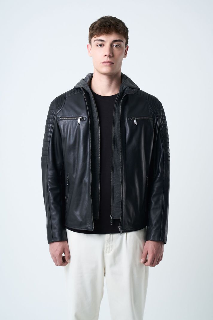 Vélez Casaca Belmont De Cuero Para Hombre Capucha Negro-0