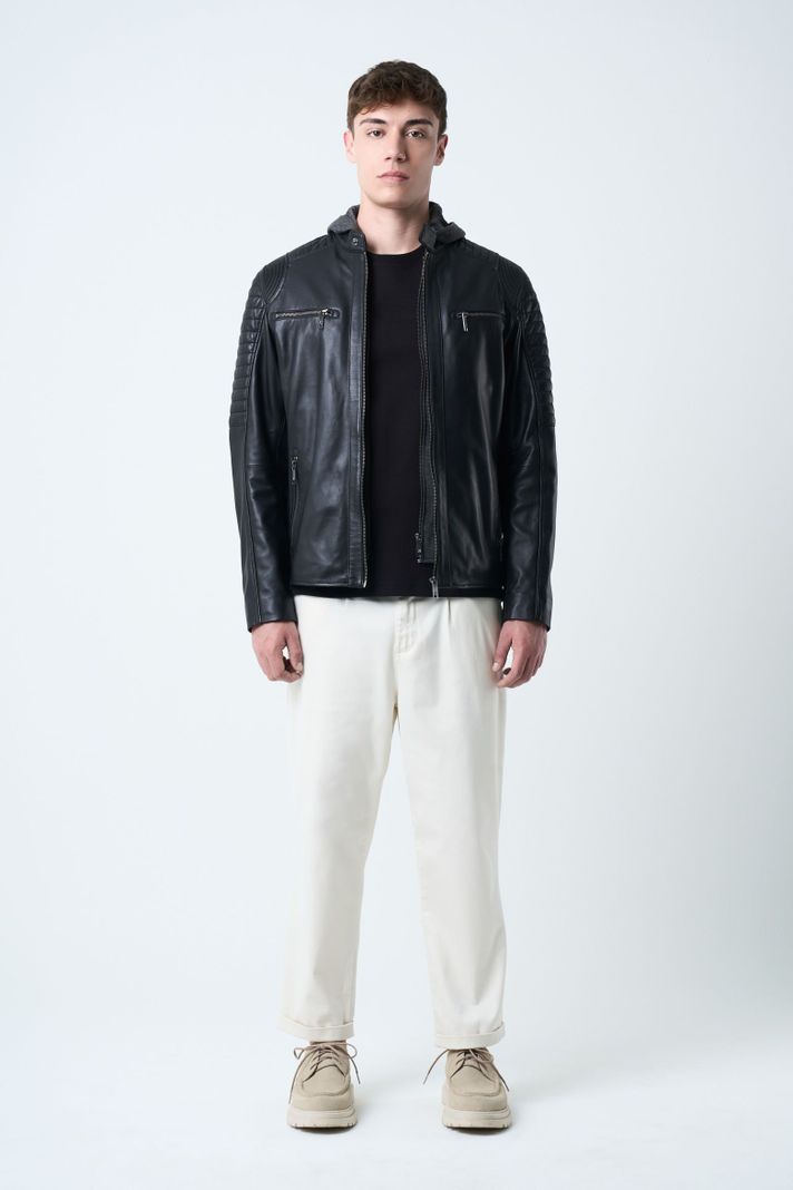 Vélez Casaca Belmont De Cuero Para Hombre Capucha Negro-3