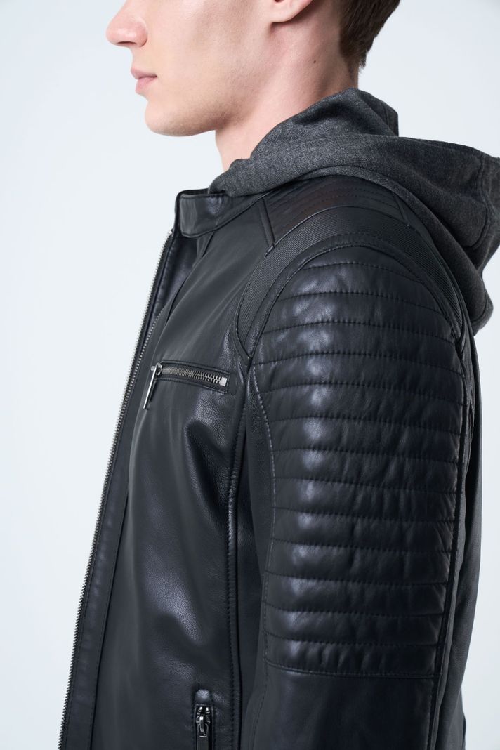 Vélez Casaca Belmont De Cuero Para Hombre Capucha Negro-4