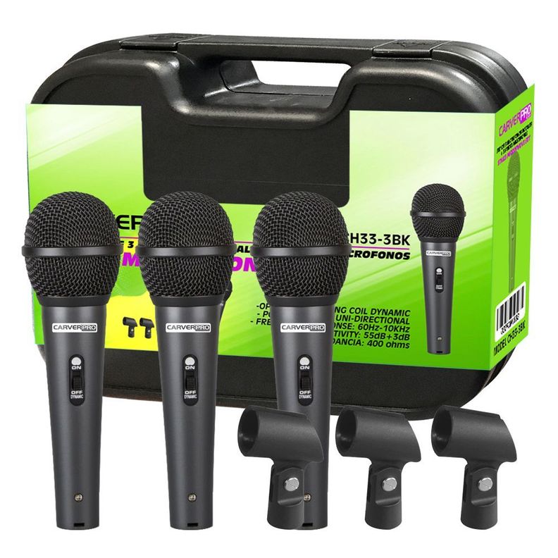 SET DE 3 MIROFONOS + 3 PORTA MICROFONOS CARVERPRO CH33-3BK-0