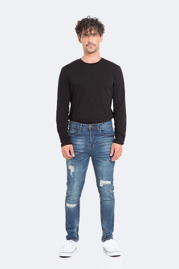 Jeans Hombre Skinny Azul Focalizado Con Destroyer-1
