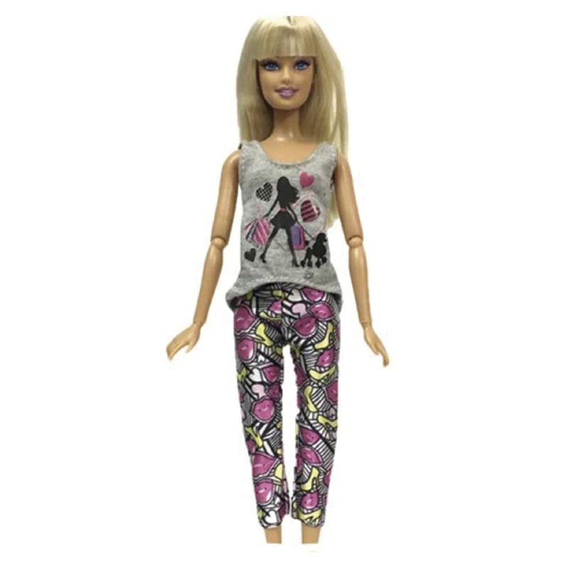 Ropa para Muñeca - Polera Gris - Pantalón Floreado-0