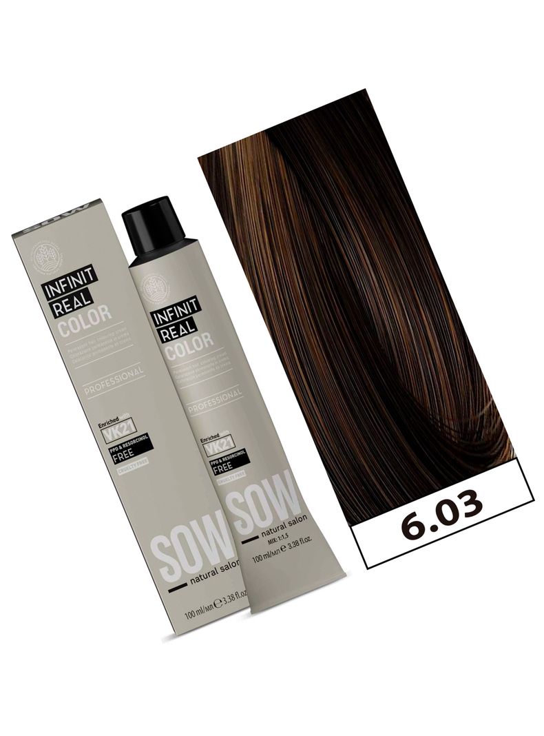 SOW - Tintura Permanente Bajo Amoniaco VK21 100ml + Oxidante - 6.03 RUBIO OSCURO CALIDO-1
