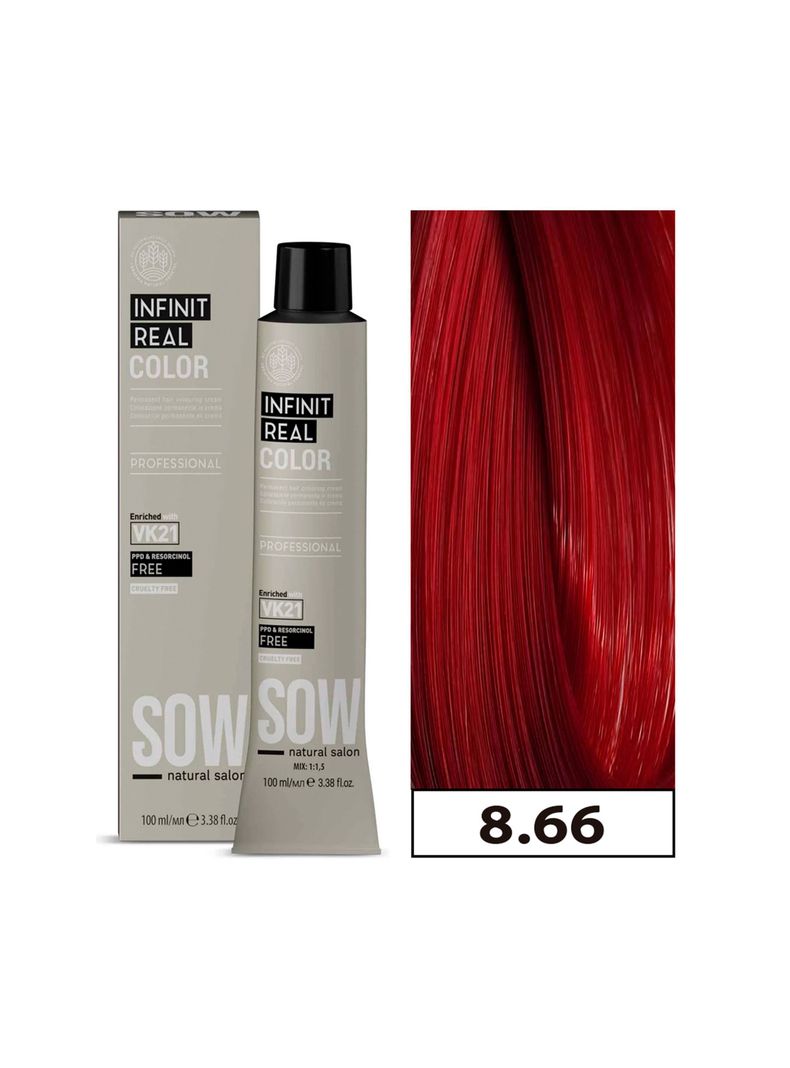 SOW - Tintura Permanente Bajo Amoniaco VK21 100ml + Oxidante - 8.66 RUBIO CLARO ROJO INTENSO-0