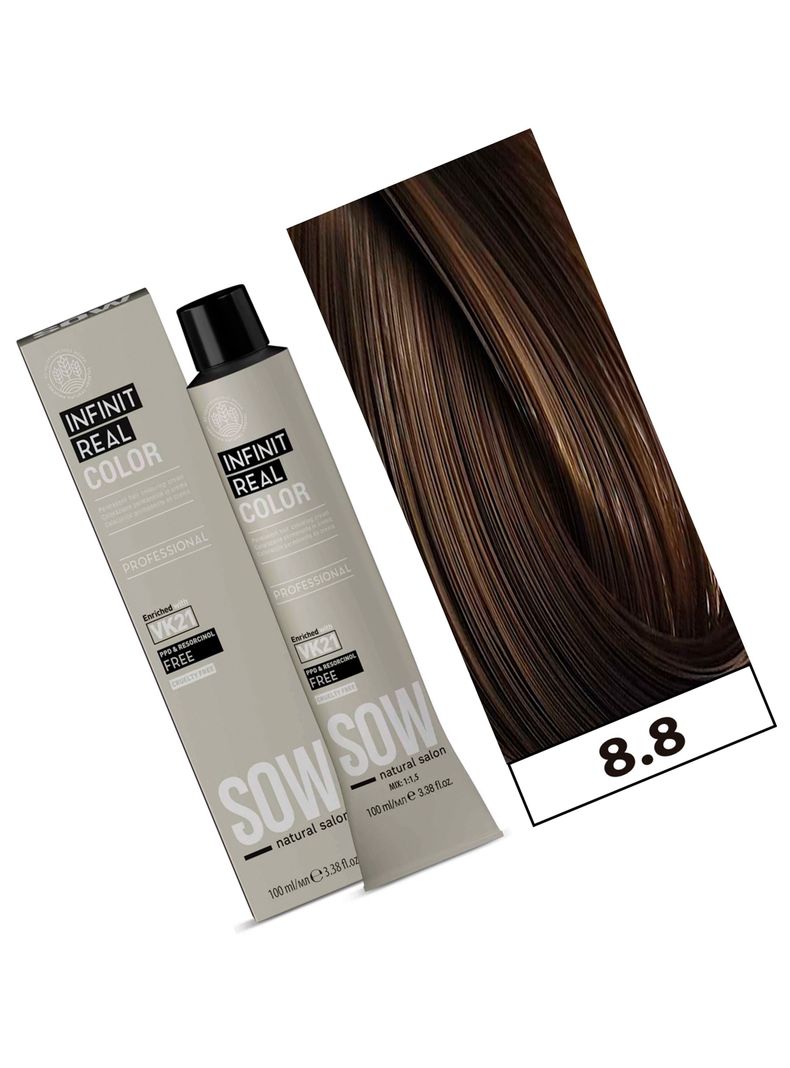 SOW - Tintura Permanente Bajo Amoniaco VK21 100ml + Oxidante - 8.8 RUBIO CLARO MARRON-1