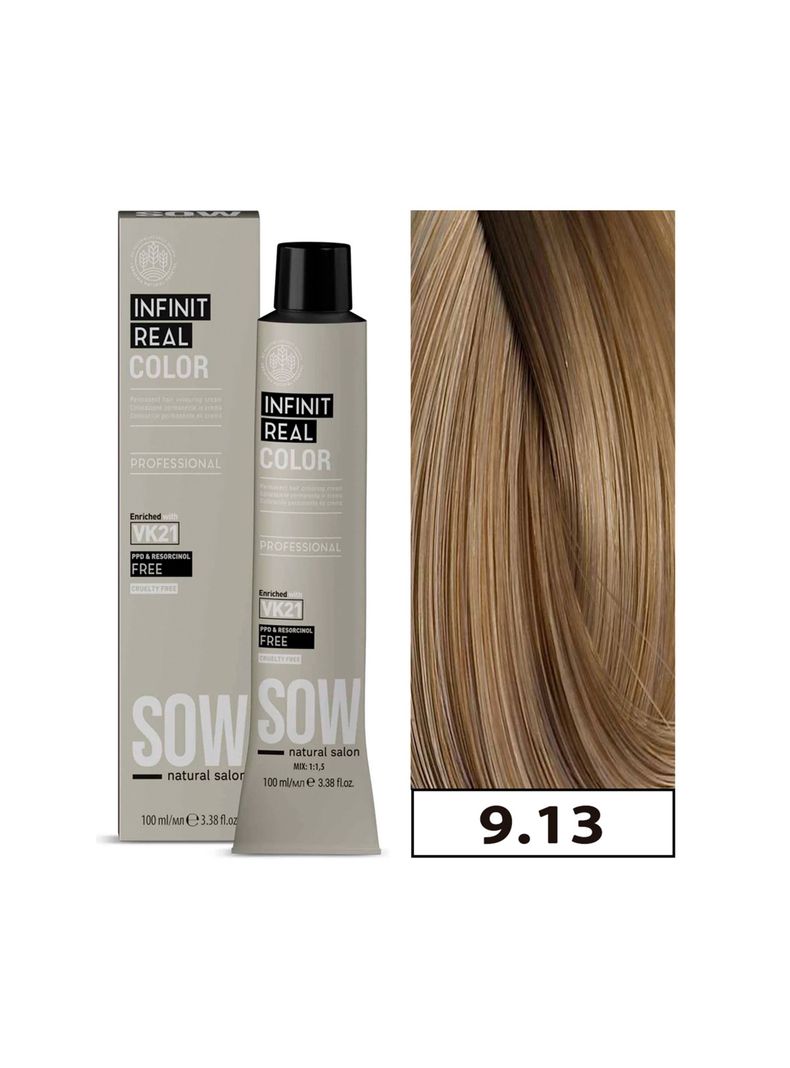 SOW - Tintura Permanente Bajo Amoniaco VK21 100ml + Oxidante - 9.13 RUBIO CLARISIMO BEIGE-0