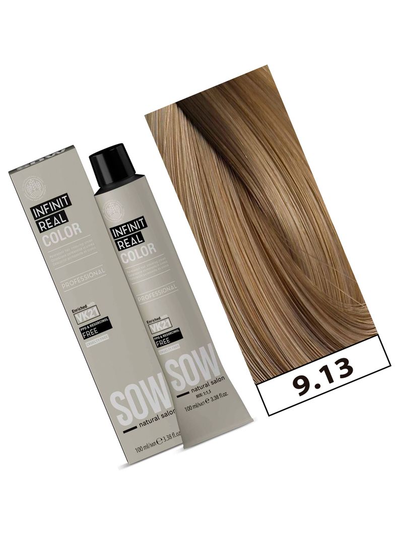 SOW - Tintura Permanente Bajo Amoniaco VK21 100ml + Oxidante - 9.13 RUBIO CLARISIMO BEIGE-1