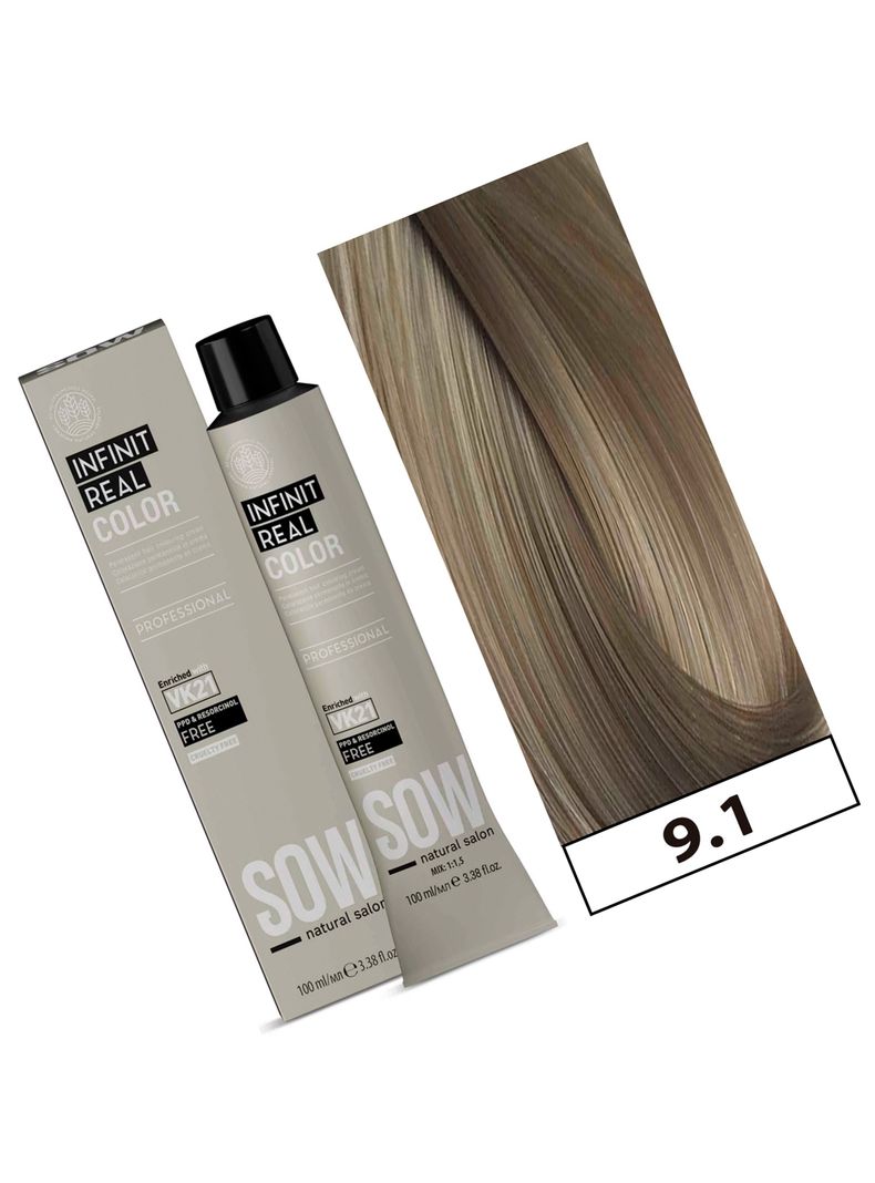 SOW - Tintura Permanente Bajo Amoniaco VK21 100ml + Oxidante - 9.1 RUBIO CLARISIMO CENIZA-1