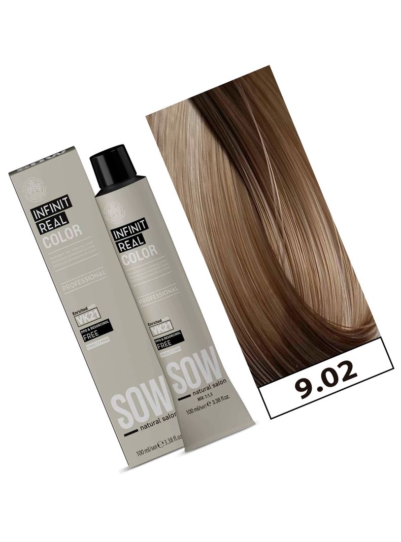SOW - Tintura Permanente Bajo Amoniaco VK21 100ml + Oxidante - 9.02 RUBIO CLARISIMO PERLA-1