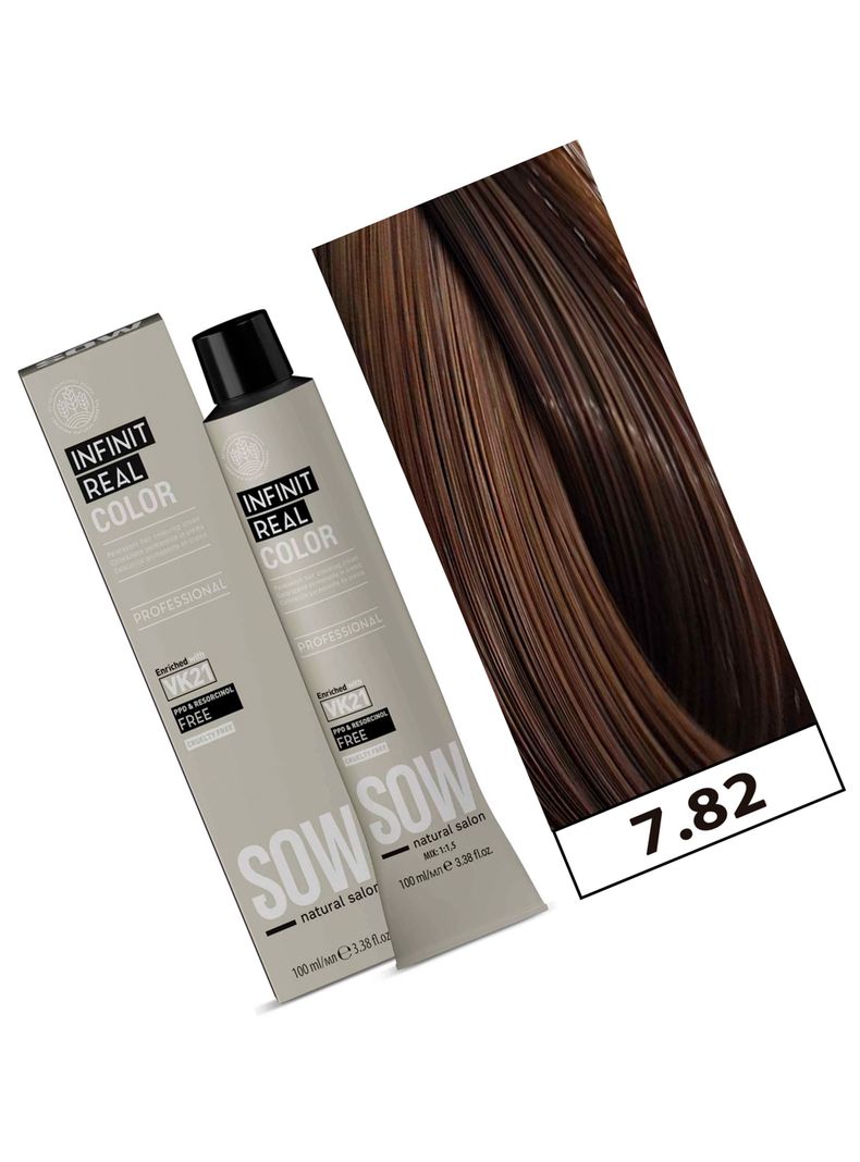 SOW - Tintura Permanente Bajo Amoniaco VK21 100ml + Oxidante - 7.82 RUBIO MARRON IRIDESCENTE-1