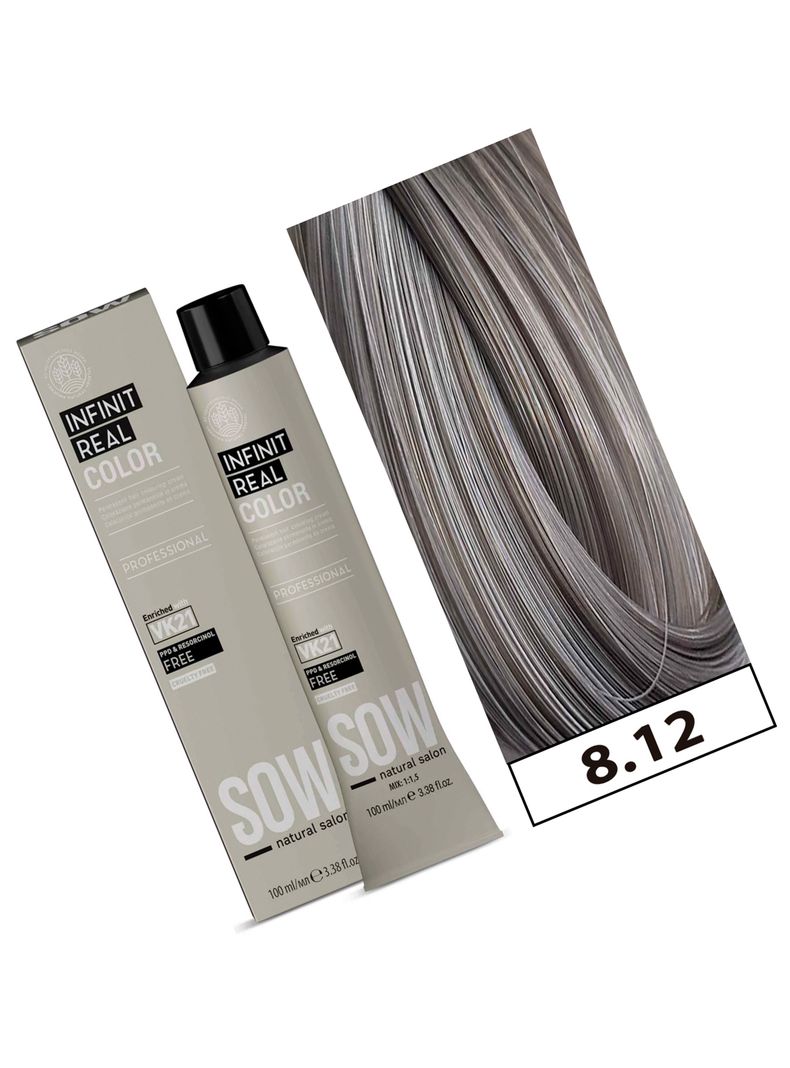 SOW - Tintura Permanente Bajo Amoniaco VK21 100ml + Oxidante - 8.12 RUBIO CLARO CENIZA IRIDESCENTE-1