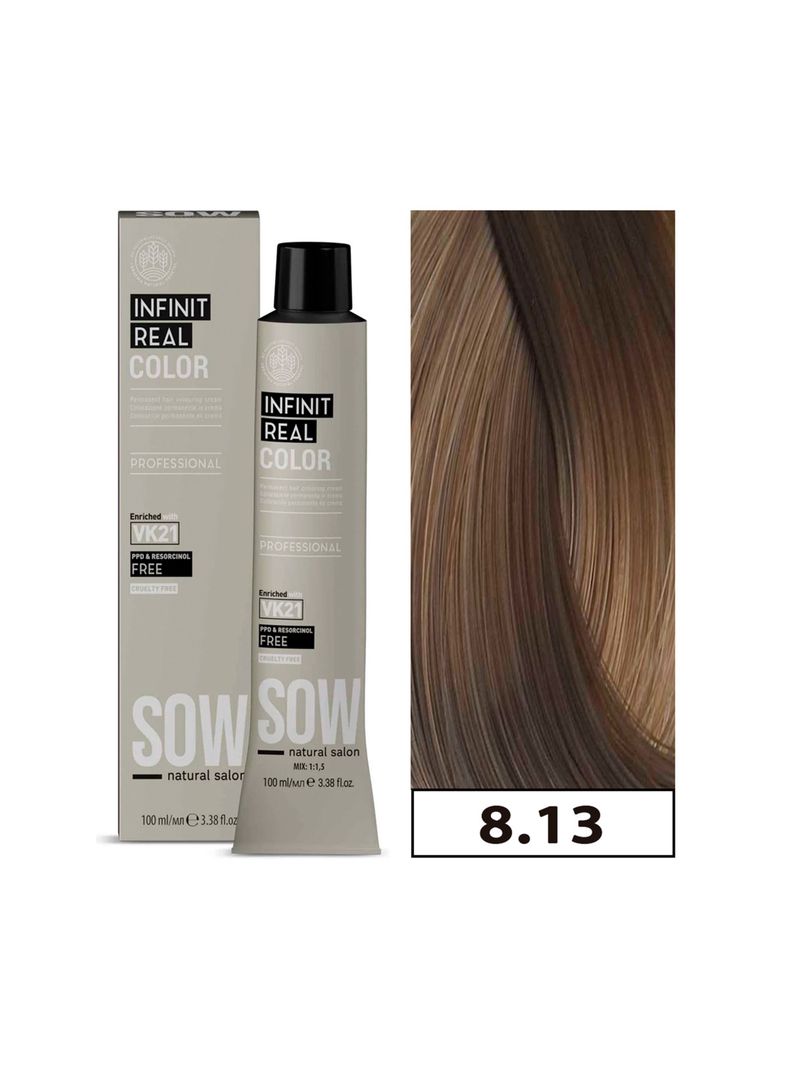 SOW - Tintura Permanente Bajo Amoniaco VK21 100ml + Oxidante - 8.13 RUBIO CLARO BEIGE-0