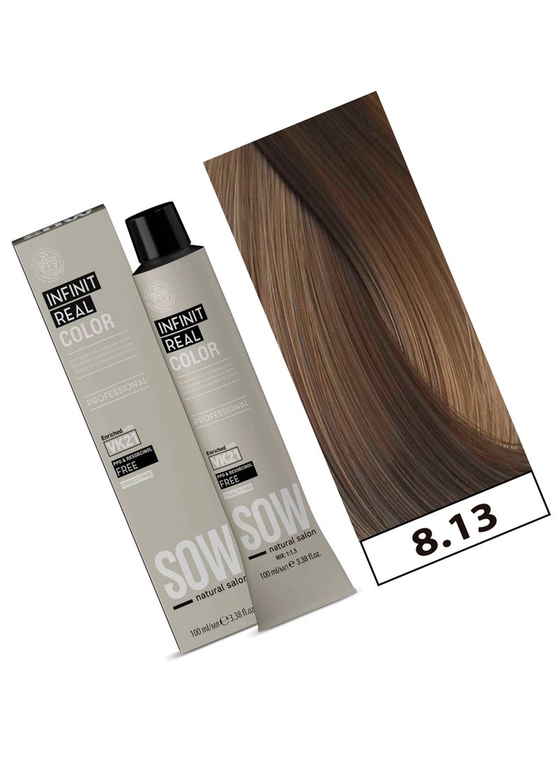 SOW - Tintura Permanente Bajo Amoniaco VK21 100ml + Oxidante - 8.13 RUBIO CLARO BEIGE-1