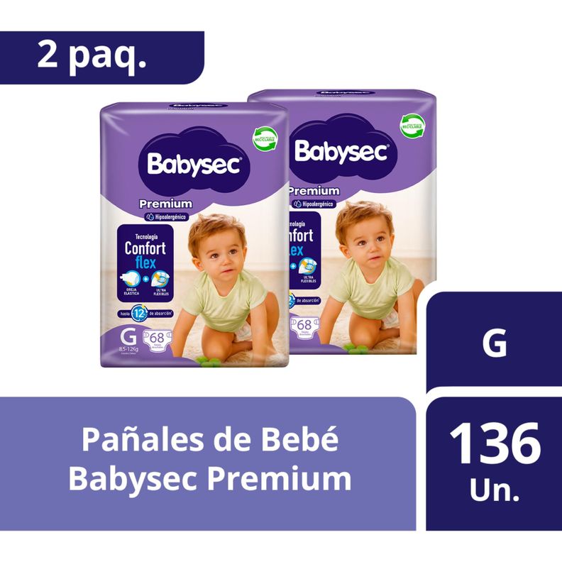 2 paquetes de Panales de Bebe Babysec Premium 136 un G Blanco