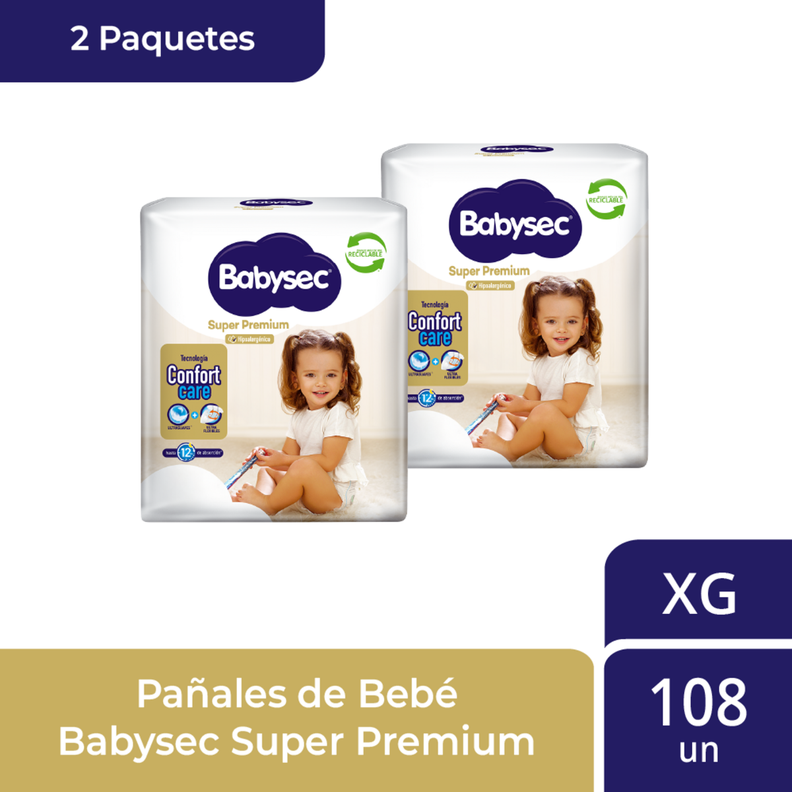 2 Paquetes Panales de Bebe Babysec Super Premium 108 un XG Blanco