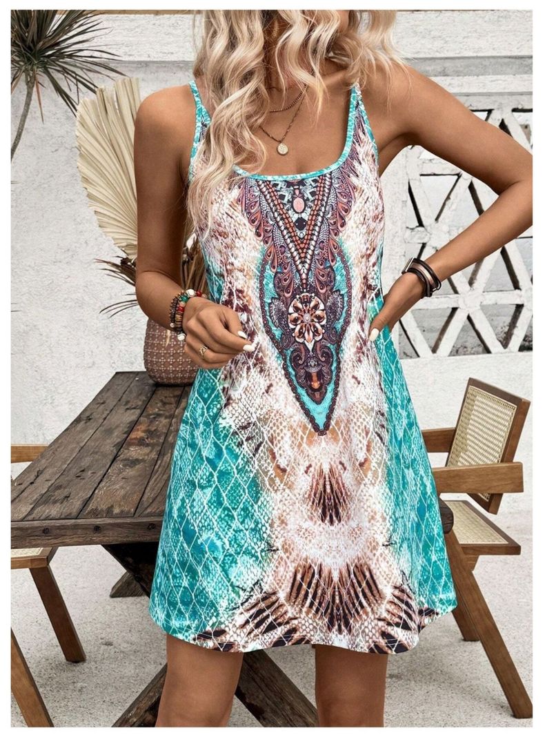 Vestido De Mujer Mini Corte Évase Estampado Con Tirantes Finos-1