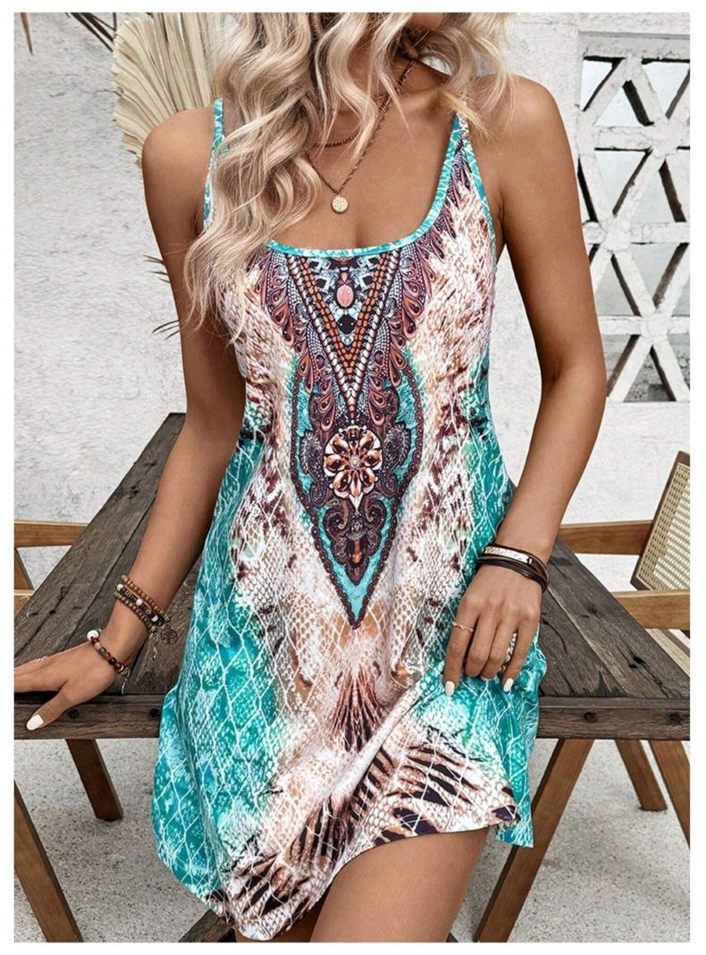Vestido De Mujer Mini Corte Évase Estampado Con Tirantes Finos-5