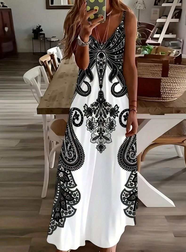 Vestido Largo Mujer Vintage Blanco Y Negro Sin Manga Escote en V-2