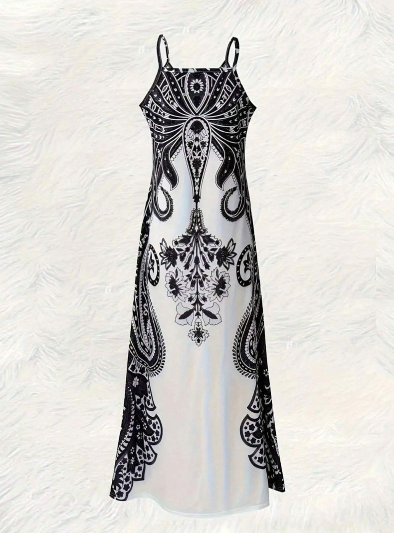 Vestido Largo Mujer Vintage Blanco Y Negro Sin Manga Escote en V-3