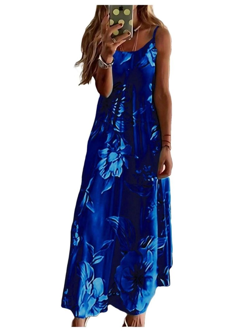 Vestido Largo Maxi Con Tirantes Finos Floral Azul Sin Mangas-0