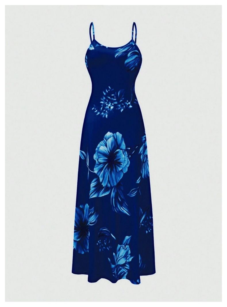 Vestido Largo Maxi Con Tirantes Finos Floral Azul Sin Mangas-1