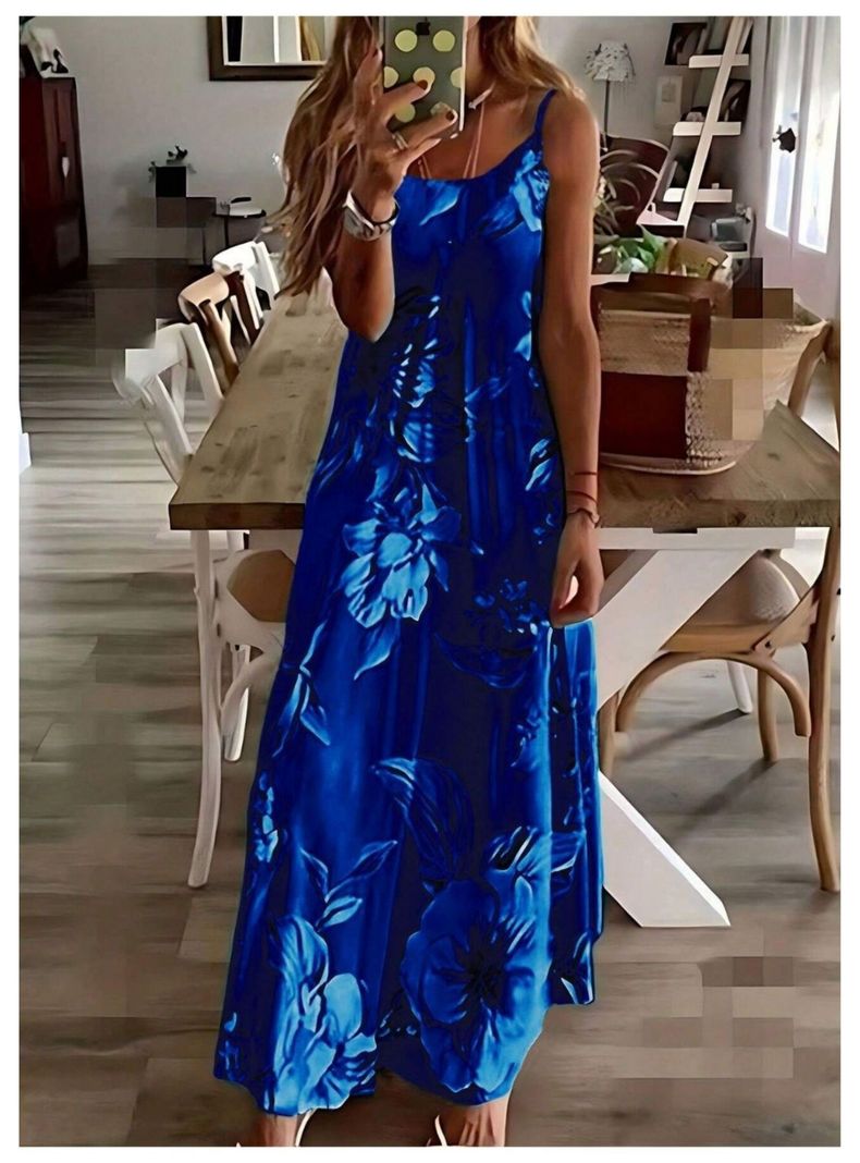 Vestido Largo Maxi Con Tirantes Finos Floral Azul Sin Mangas-3