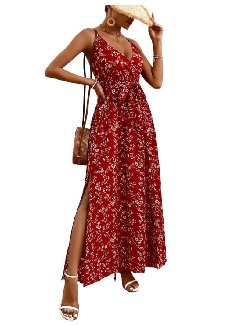 Vestido De Mujer Largo Estampado Floral Tipo Camiseta Cinturon-0