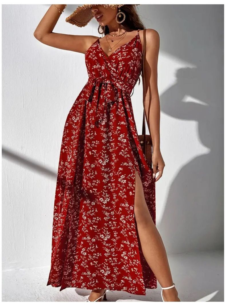 Vestido De Mujer Largo Estampado Floral Tipo Camiseta Cinturon-1