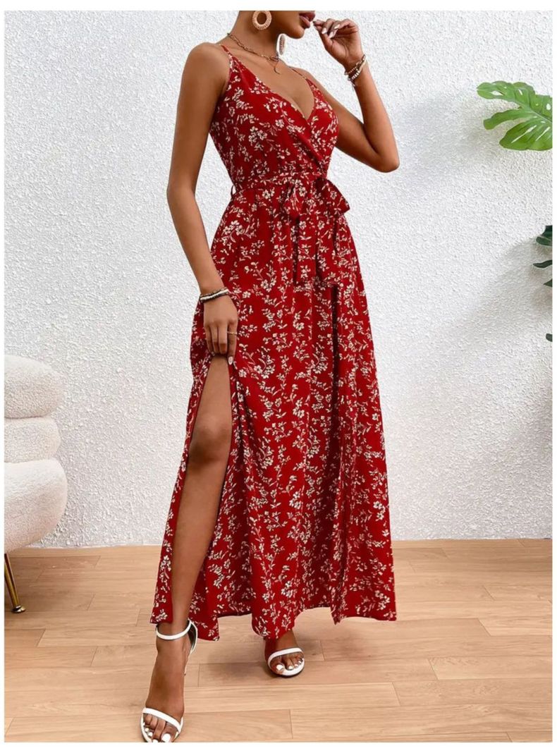 Vestido De Mujer Largo Estampado Floral Tipo Camiseta Cinturon-2