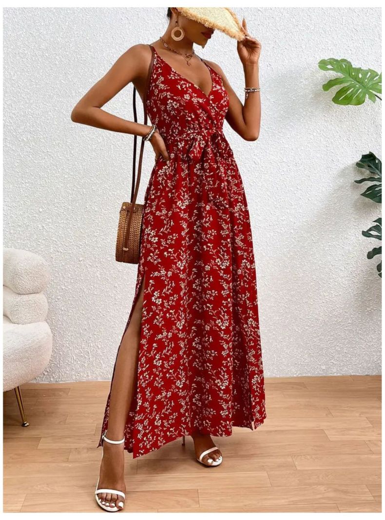 Vestido De Mujer Largo Estampado Floral Tipo Camiseta Cinturon-4