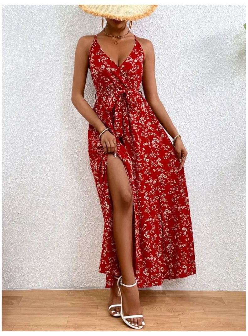 Vestido De Mujer Largo Estampado Floral Tipo Camiseta Cinturon-5