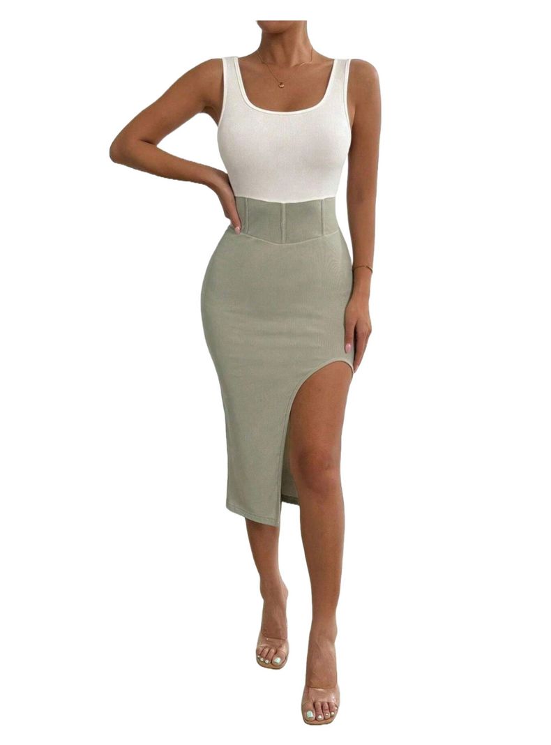 Vestido Ajustado Mujer Maxi Con Abertura Lateral Bicolor Patchwork-0