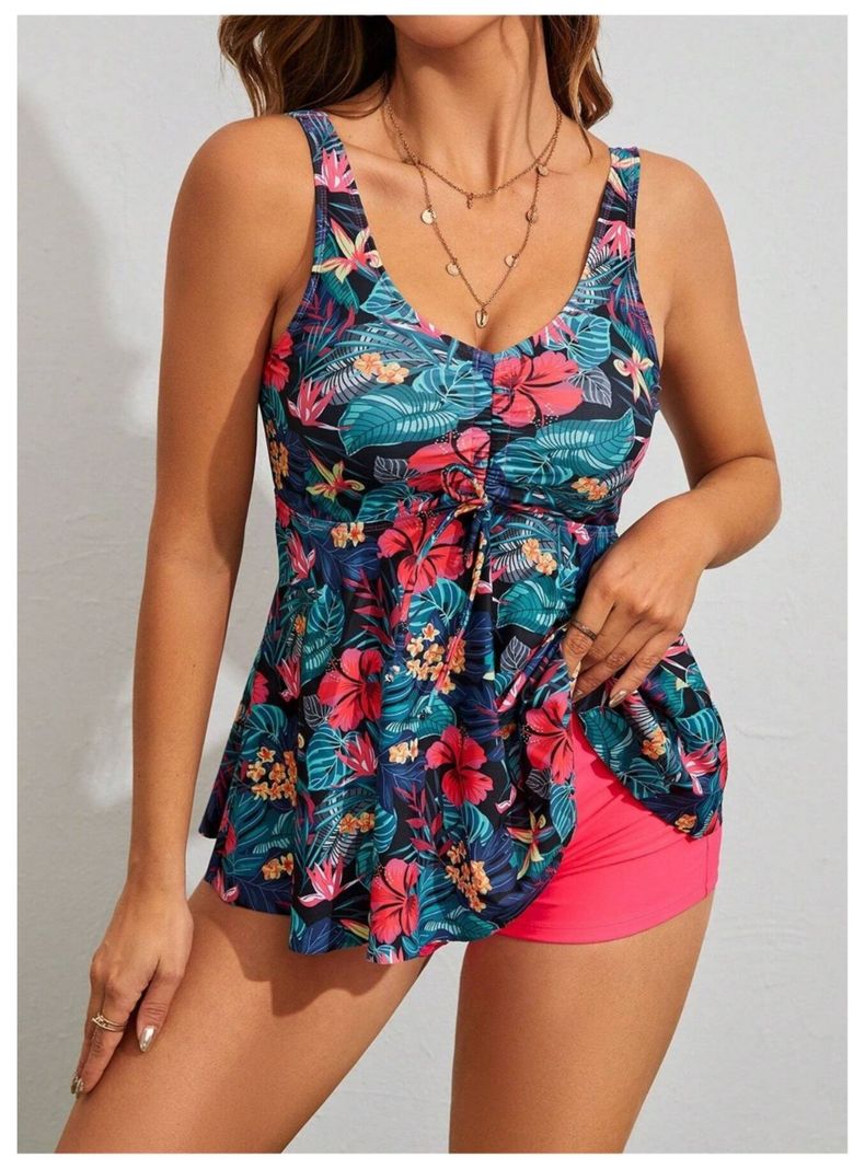 Conjunto De Bikini Tankini Con Short Tropical Para Mujer-3