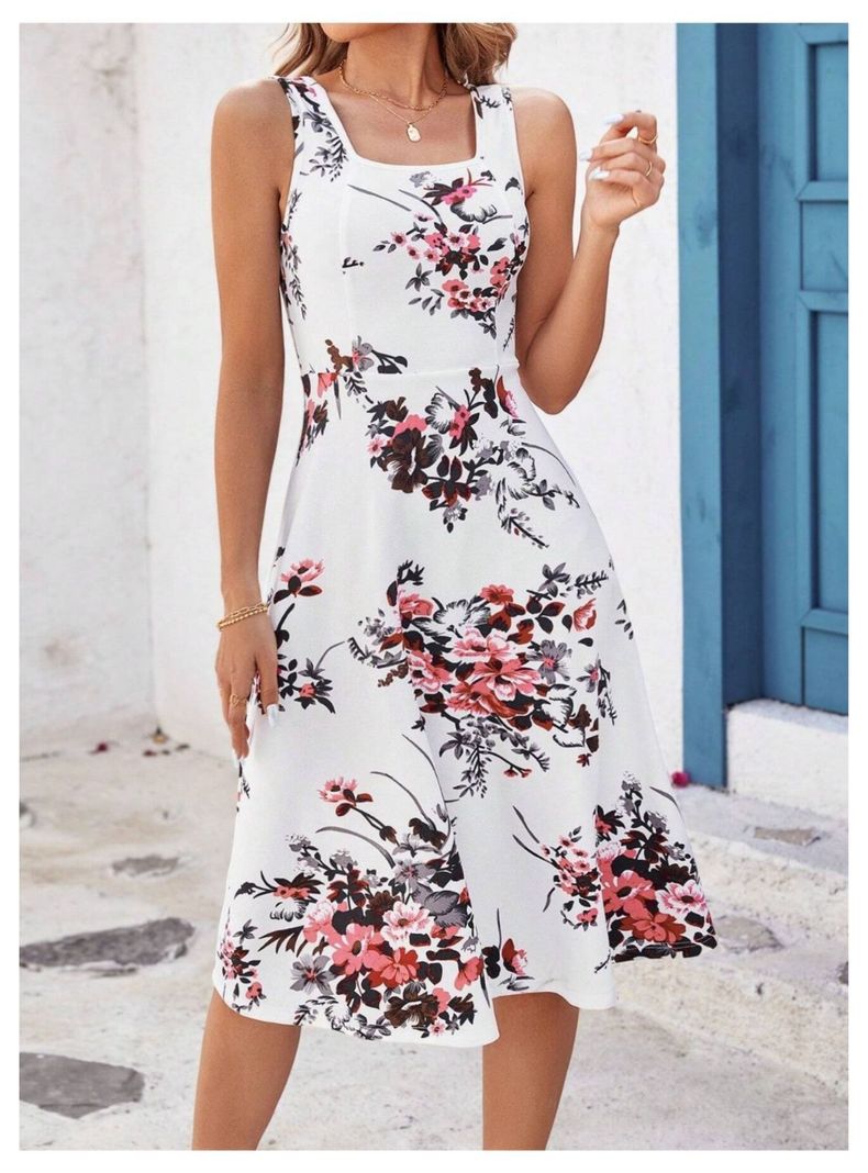 Vestido Sin Mangas Largo Estampado Floral Blanco-5