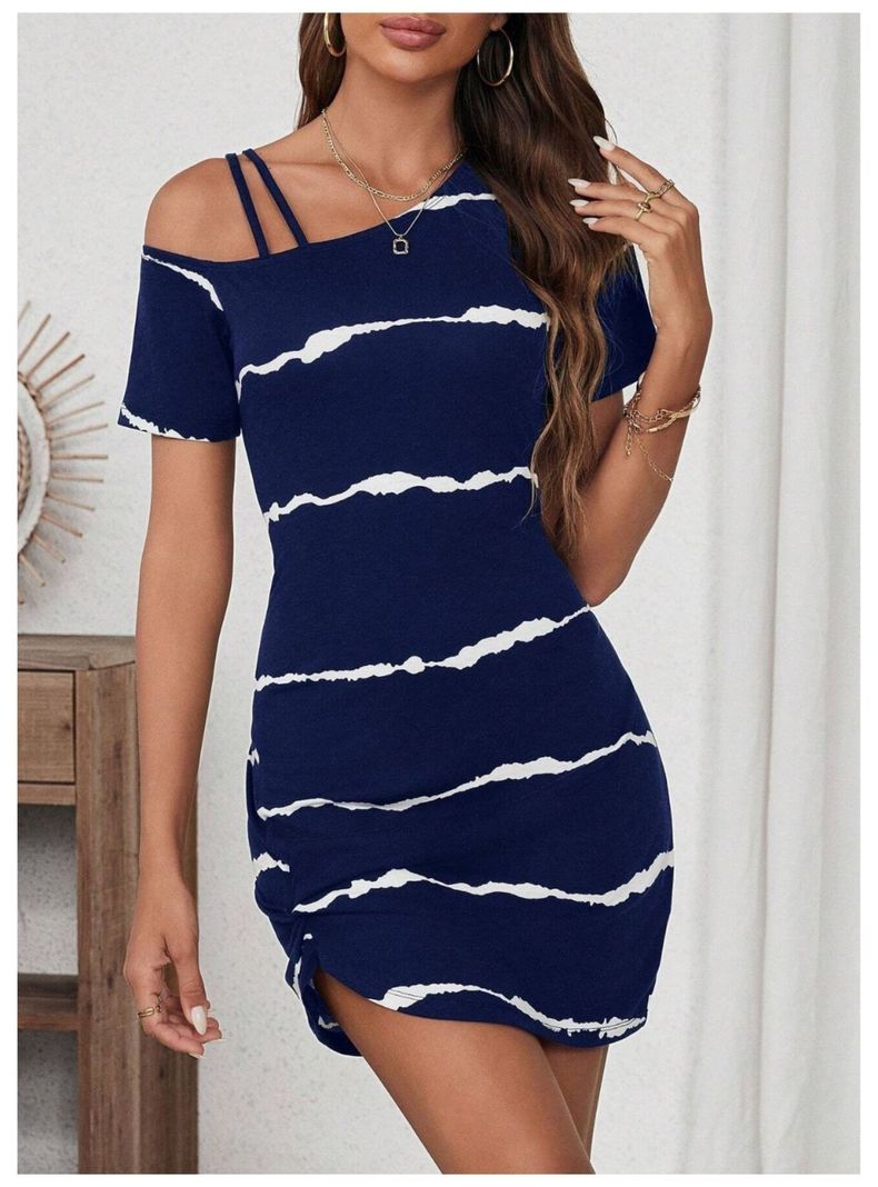 Vestido Mini Casual Azul Drapeado Cuello Asimétrico-1