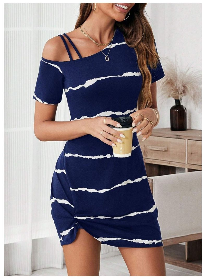 Vestido Mini Casual Azul Drapeado Cuello Asimétrico-2