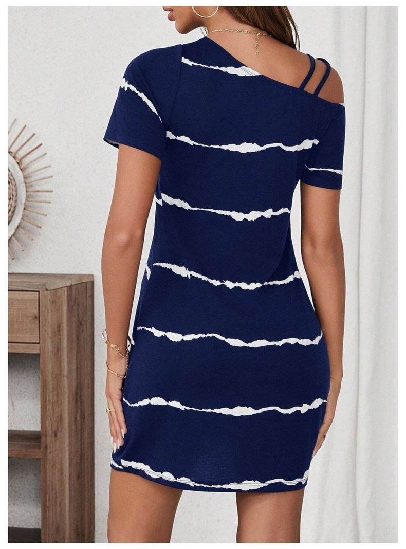 Vestido Mini Casual Azul Drapeado Cuello Asimétrico-4
