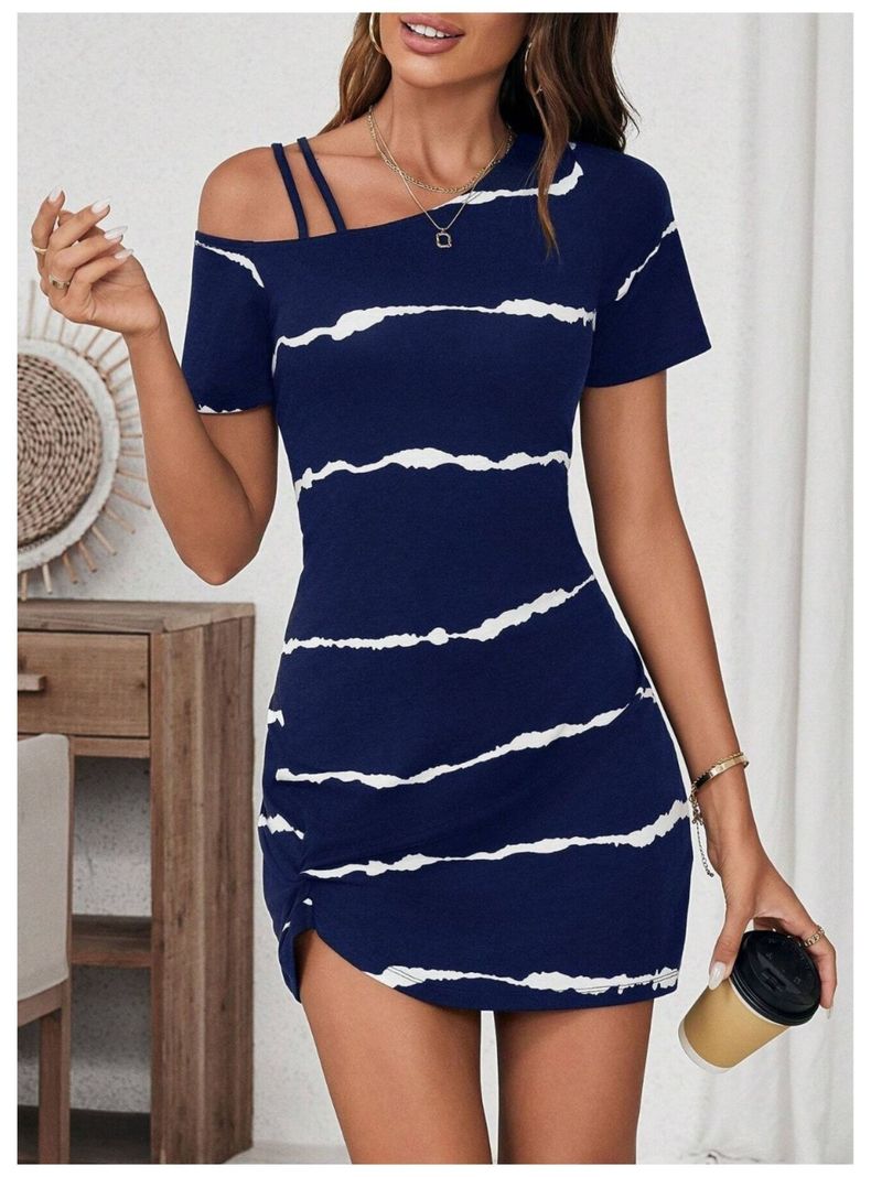 Vestido Mini Casual Azul Drapeado Cuello Asimétrico-5