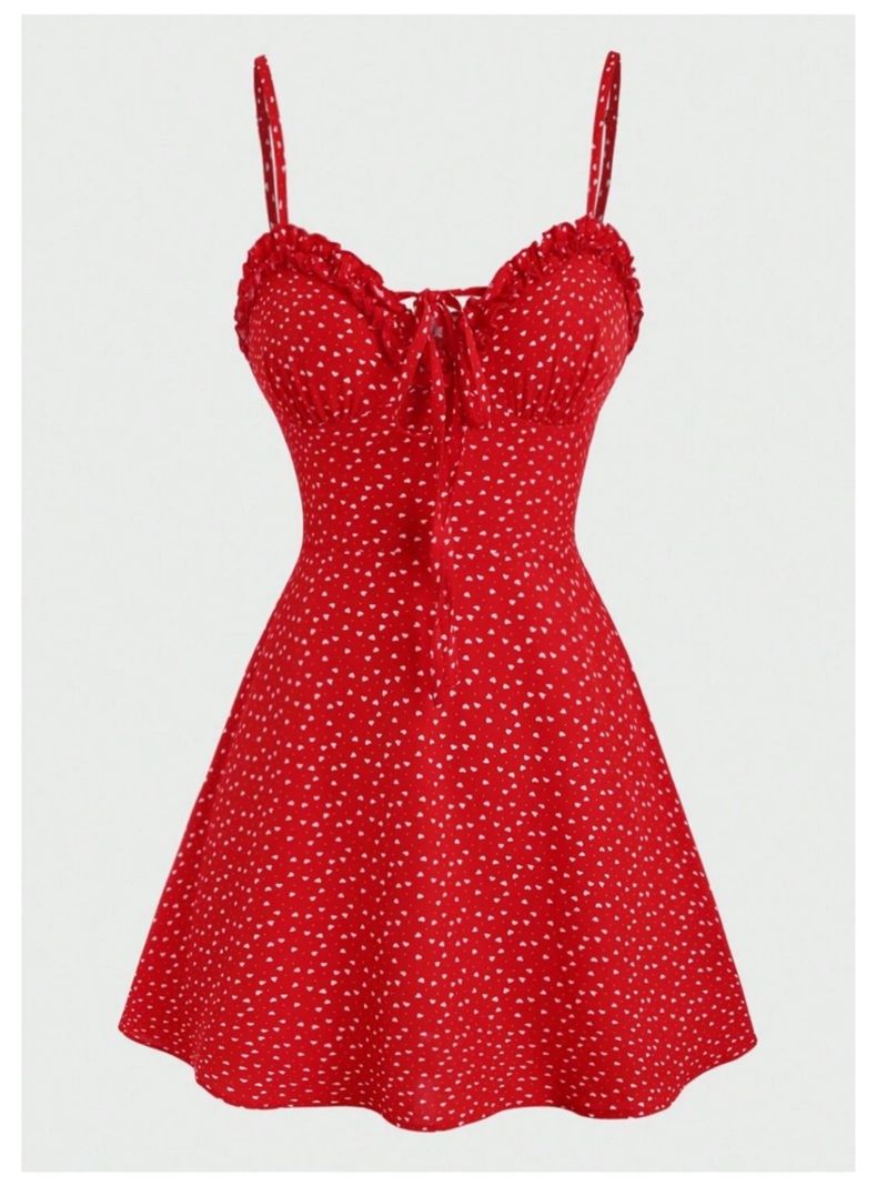 Vestido De Mujer Corto Rojo Puntos Lunar Con Tirantes Finos-2