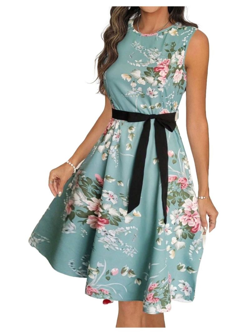Vestido Largo De Mujer Sin Mangas Verde Estampado Floral Con Cinturon-0