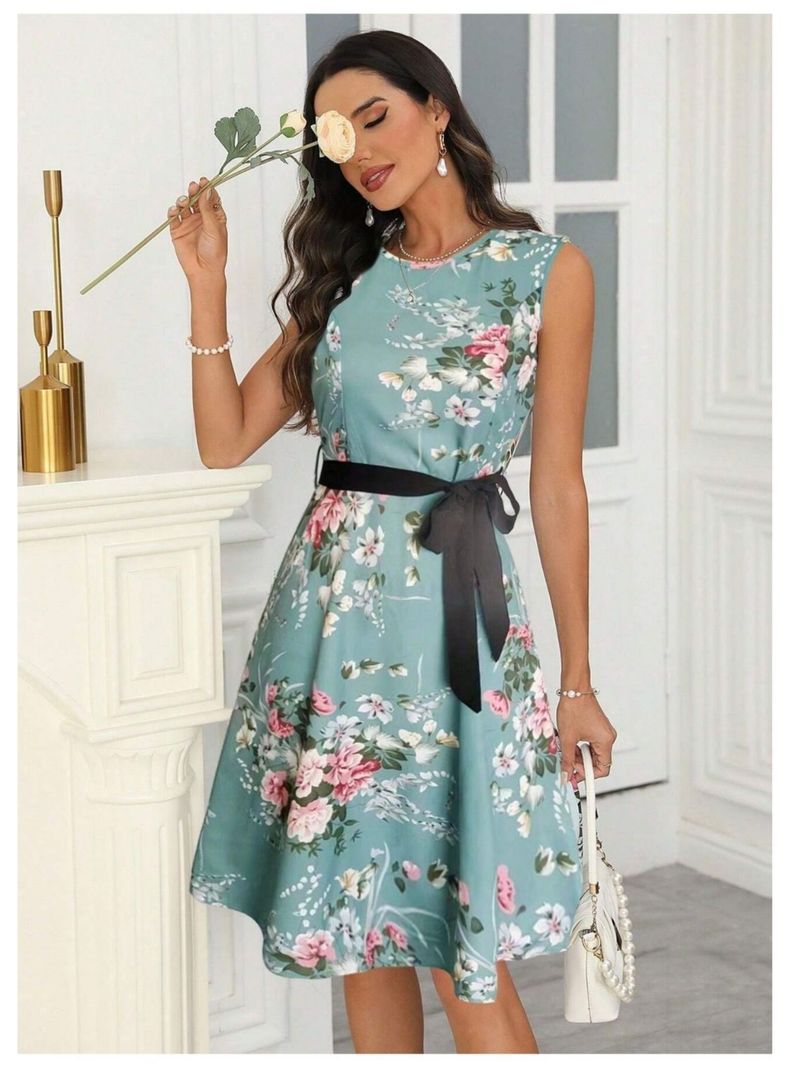Vestido Largo De Mujer Sin Mangas Verde Estampado Floral Con Cinturon-1