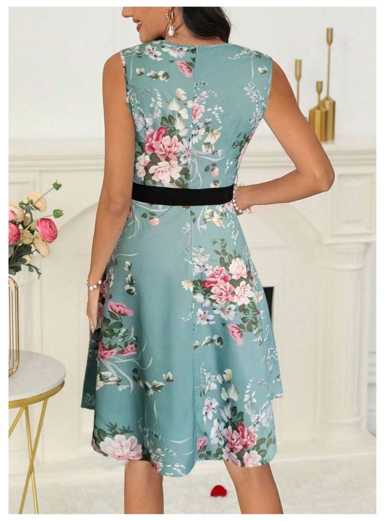 Vestido Largo De Mujer Sin Mangas Verde Estampado Floral Con Cinturon-2